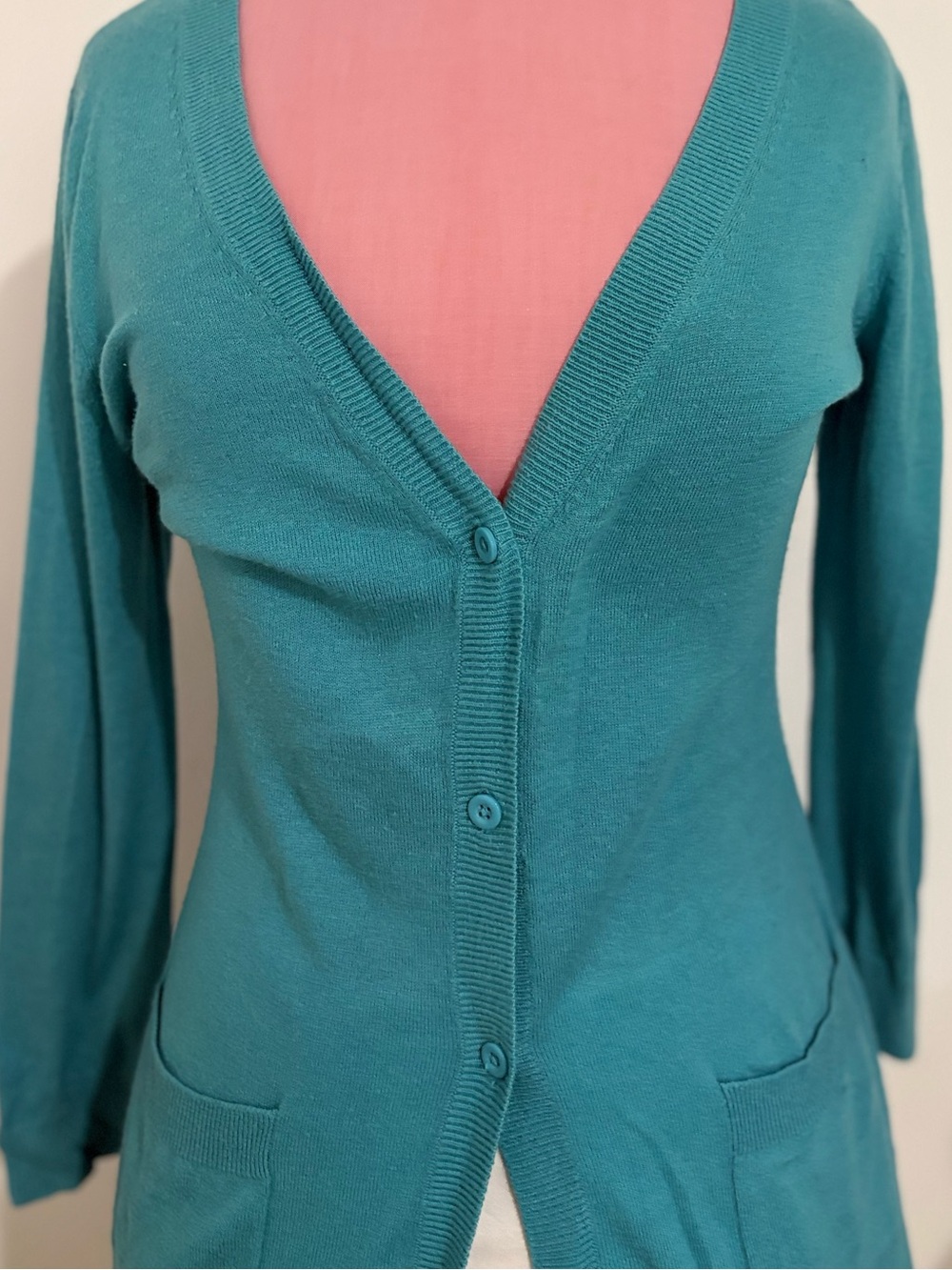 New York & Company Teal V-Neck Button Cardigan